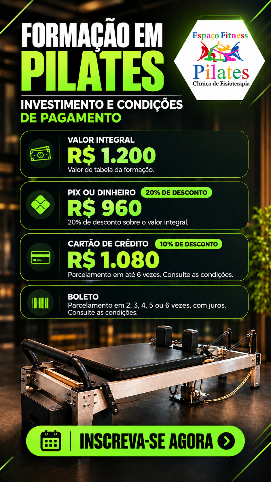 Formação em Pilates — investimento e condições de pagamento: valor integral R$ 1.200, Pix ou dinheiro R$ 960, cartão de crédito R$ 1.080 e boleto parcelado