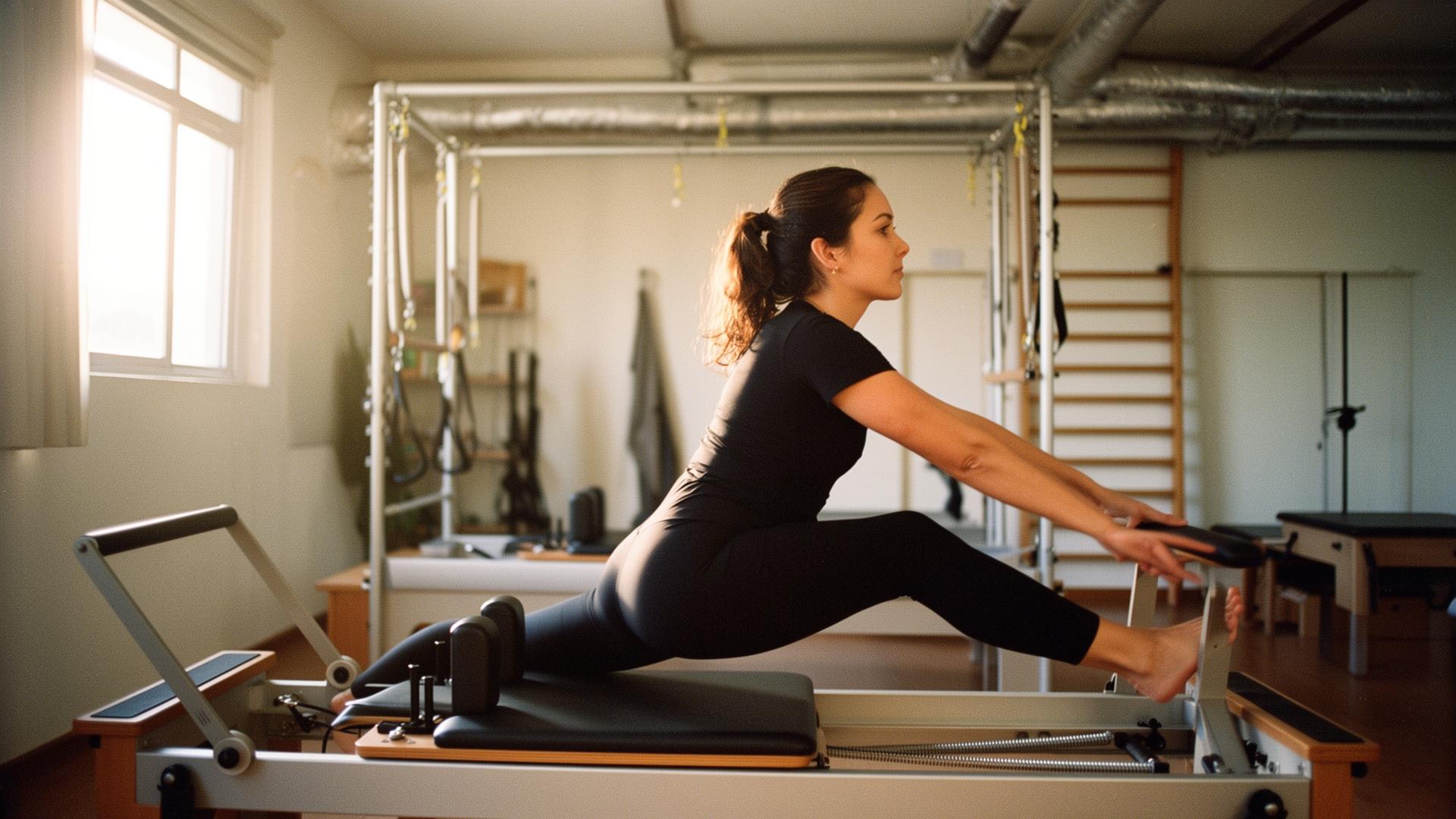 Aluna praticando Pilates no reformer dentro do estúdio em Campo Grande, RJ
