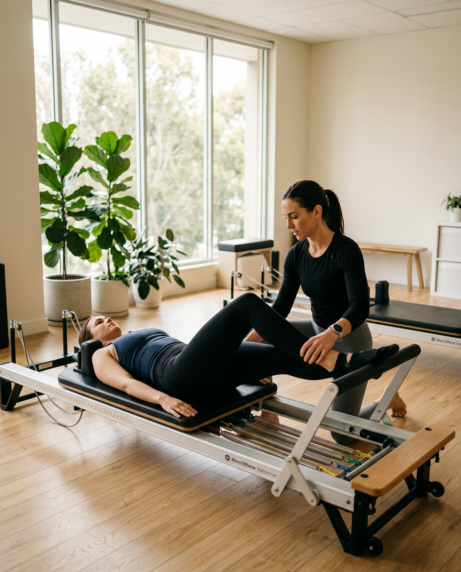 Aluna em aparelho de Pilates Reformer com instrutora supervisionando