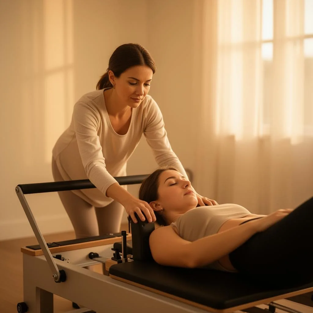 Instrutora orientando aluna no reformer dentro da clínica