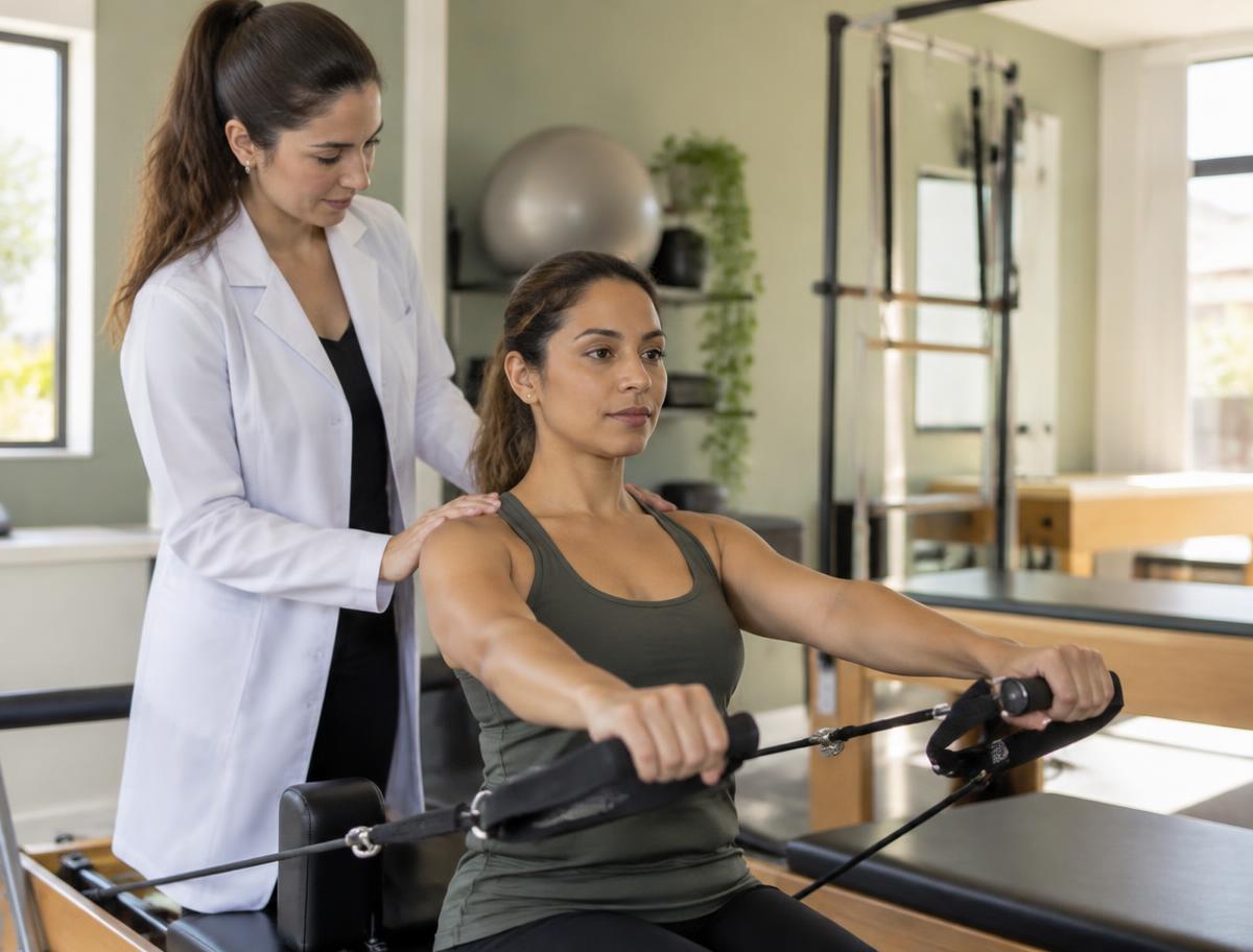 Fisioterapeuta orientando paciente sentada no reformer