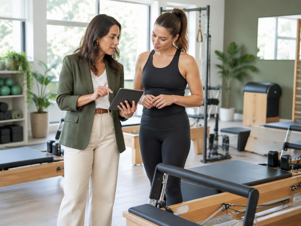 Gestora conversando com instrutora em estúdio de Pilates